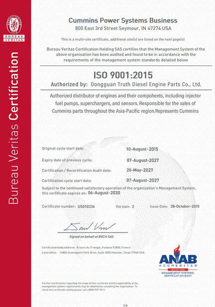 China Dongguan Truth Diesel Engine Parts Co., Ltd. certificaten